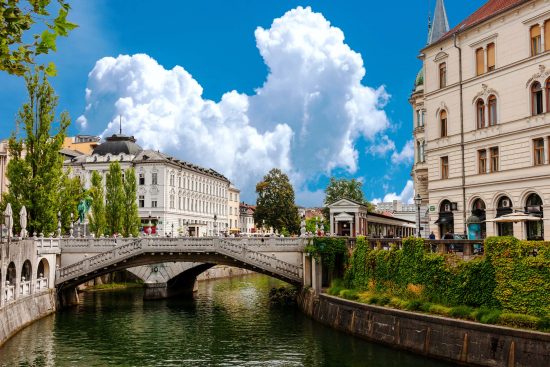 The Tromostovje (Triple Bridge) which runs across the Ljubljana river.