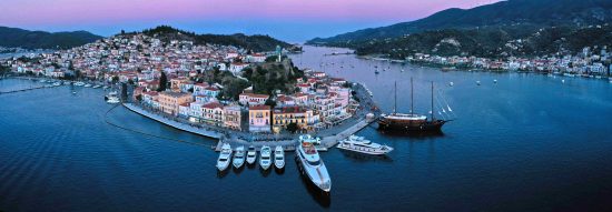 Panoramic views of the charming port of Poros, Greece