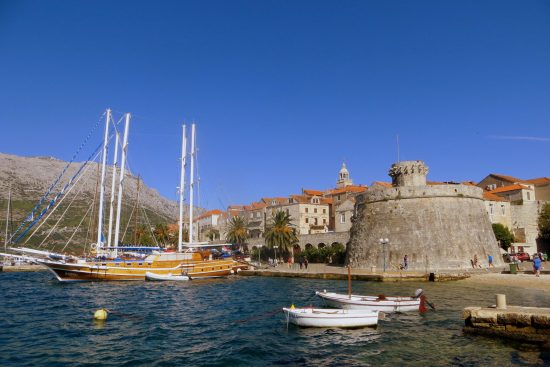 Korcula Town walls with Large Governor's Tower in view.