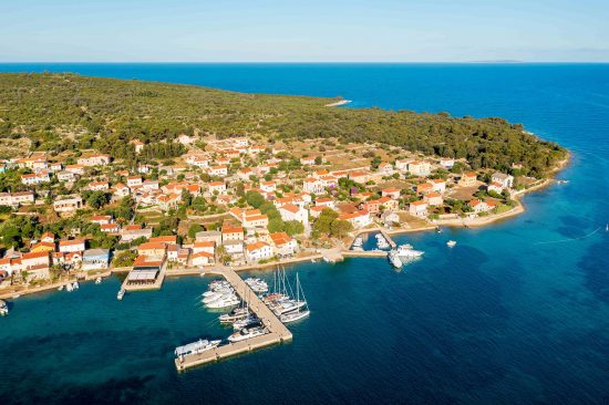 Aerial view of Ilovik town in the Kvarner Bay region of Croatia.