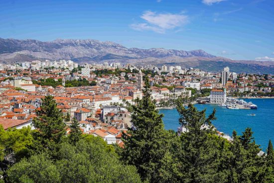 Aerial view of Split with the Mosor mountain range in the background.