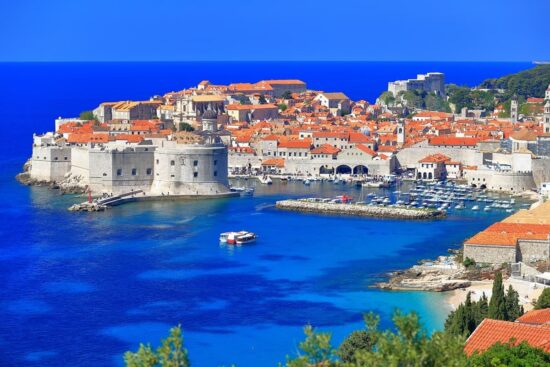Dubrovnik old town surrounded by fortified walls above the Adriatic sea Croatia